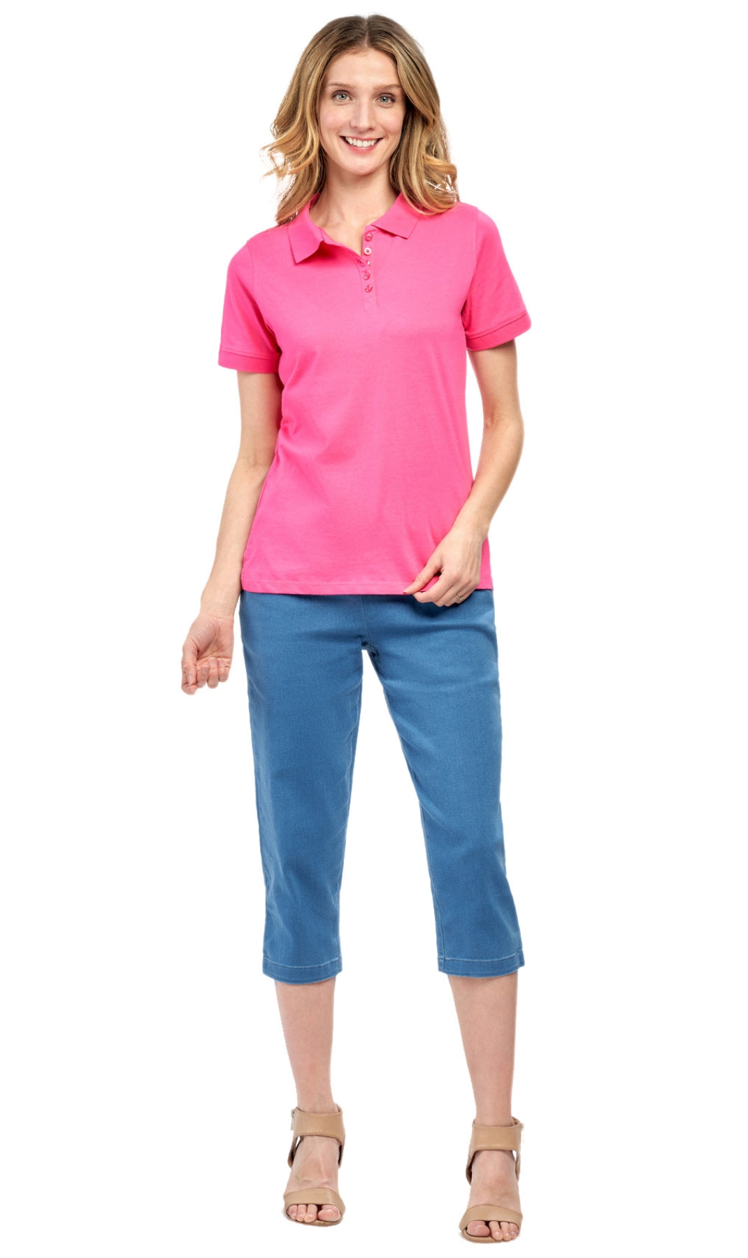 Women's Short Sleeve Pique Knit Polo Shirt in Relaxed Fit Pocketless Jersey 5