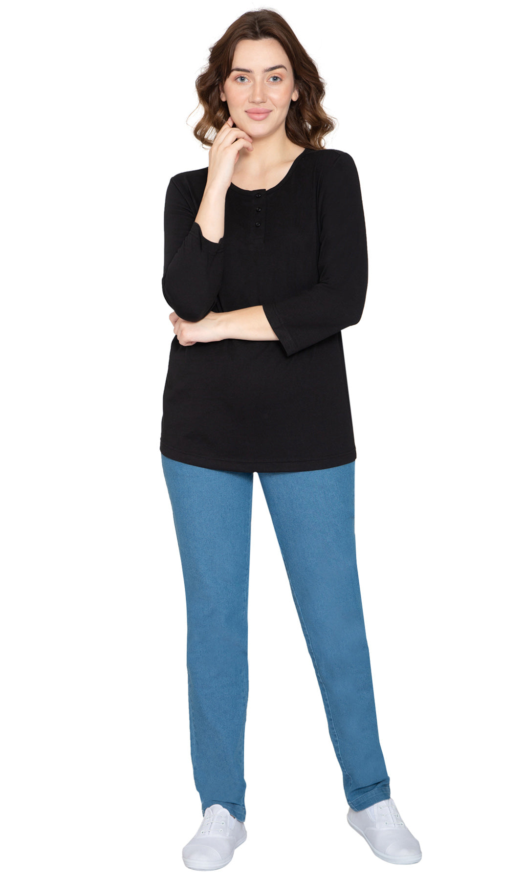 Women's Three Quarter Sleeve Henley ÔÇô Comfort in Every Color! - Black - Full  - TURTLE BAY APPAREL