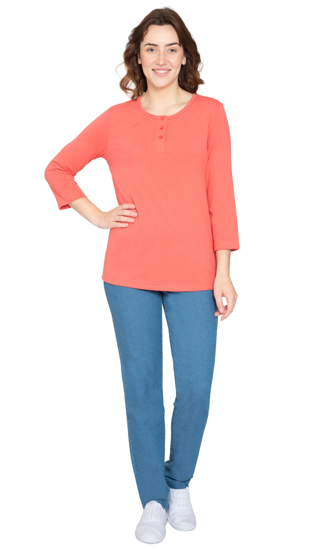 Women's Three Quarter Sleeve Henley ÔÇô Comfort in Every Color! - Coral - Full - TURTLE BAY APPAREL