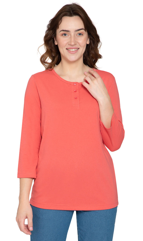 Women's Three Quarter Sleeve Henley – Comfort in Every Color! - Coral - Front - TURTLE BAY APPAREL