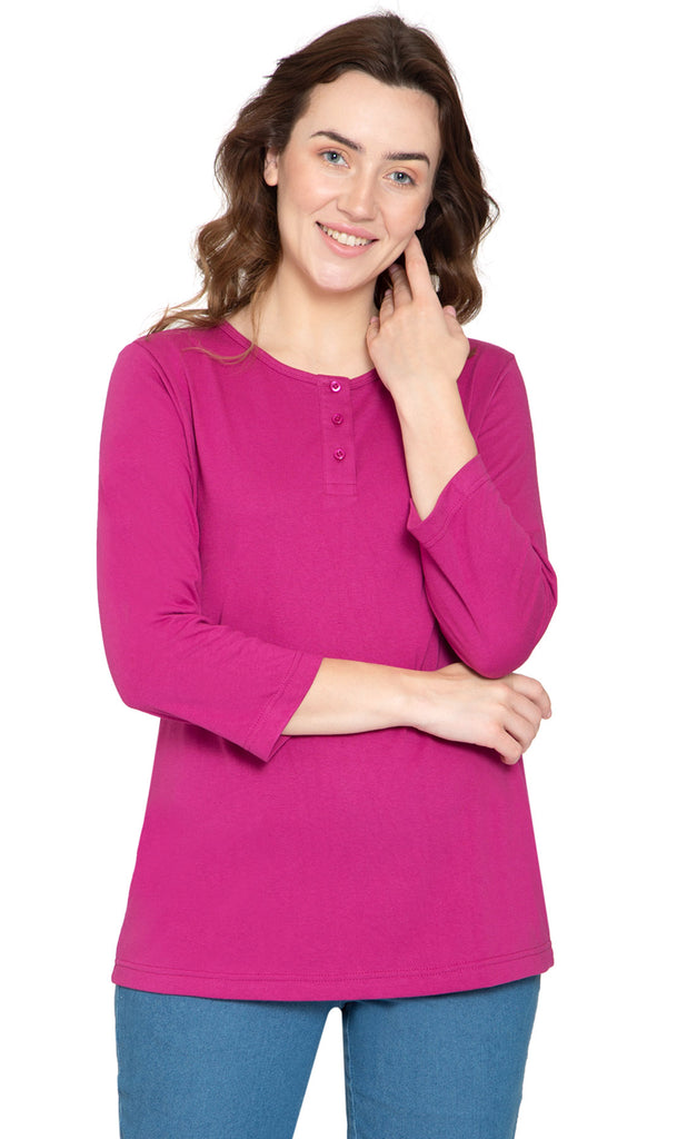 Women's Three Quarter Sleeve Henley – Comfort in Every Color! - Deep Orchid - Front - TURTLE BAY APPAREL