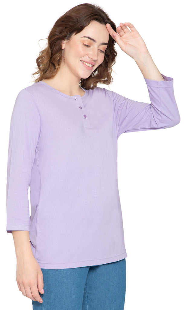 Women's Three Quarter Sleeve Henley – Comfort in Every Color! - Lavender - Front -  TURTLE BAY APPAREL