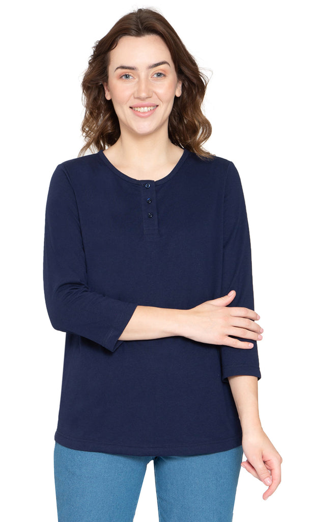Women's Three Quarter Sleeve Henley – Comfort in Every Color! - Navy - Front - TURTLE BAY APPAREL