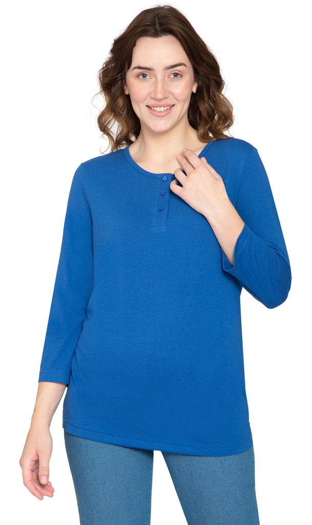 Women's Three Quarter Sleeve Henley – Comfort in Every Color! - Navy- Front -  TURTLE BAY APPAREL