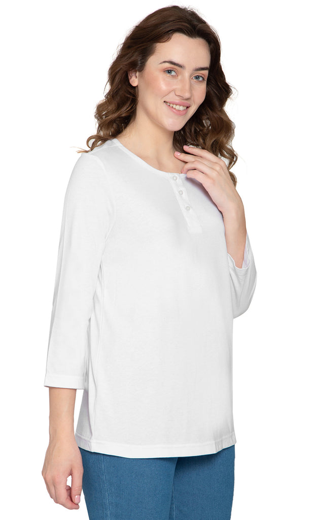 Women's Three Quarter Sleeve Henley – Comfort in Every Color!- White - Side -  TURTLE BAY APPAREL