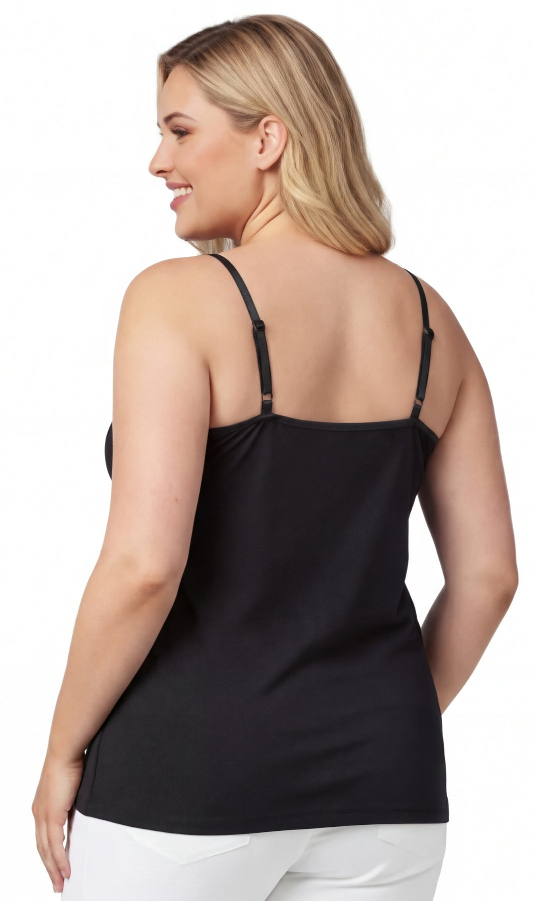 Turtle Bay New York Women's Essential Adjustable Strap Camisole in Soft Cotton Blend Fabric with a built in Shelf Bra Black back