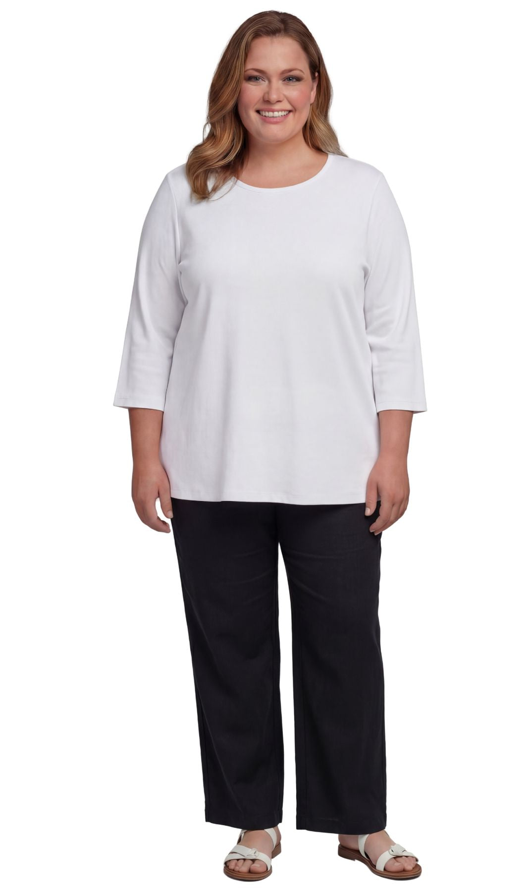 Turtle Bay New York Women's Ribbed 3/4 Sleeve Crew Neck Cotton Top white full