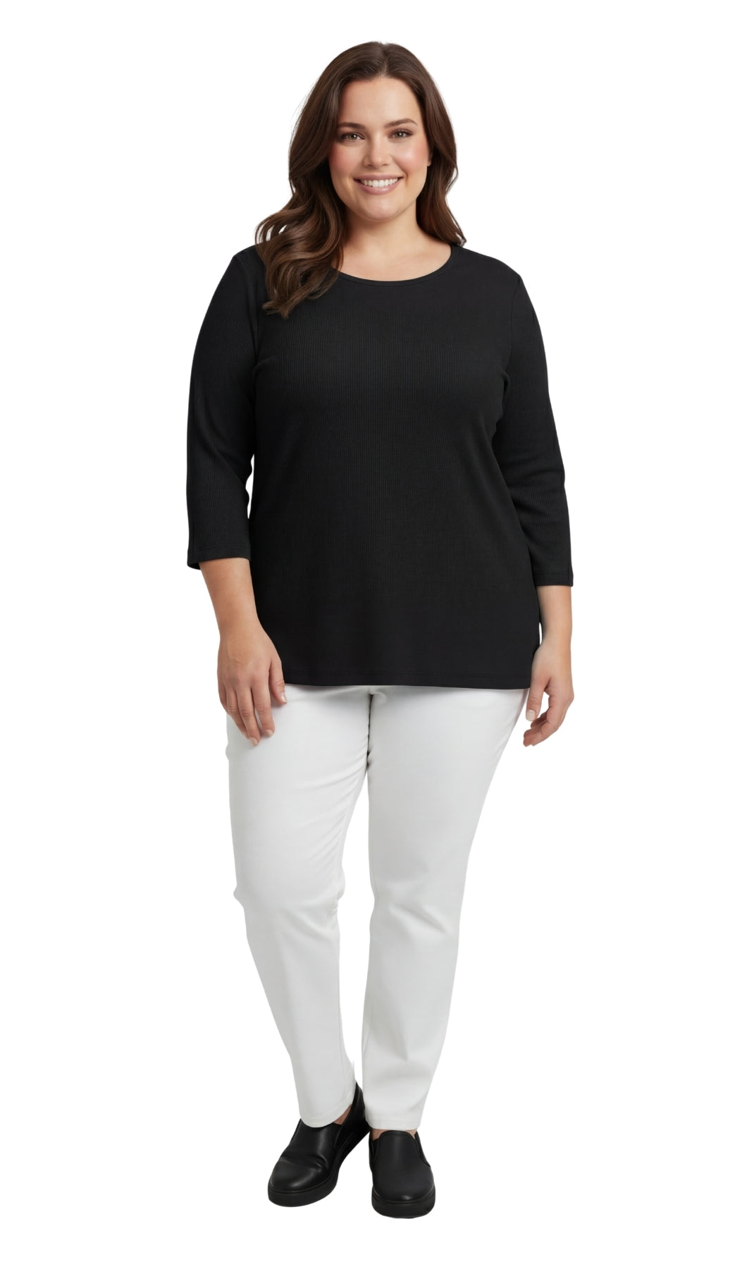 Turtle Bay New York Women's Ribbed 3/4 Sleeve Crew Neck Cotton Top black full