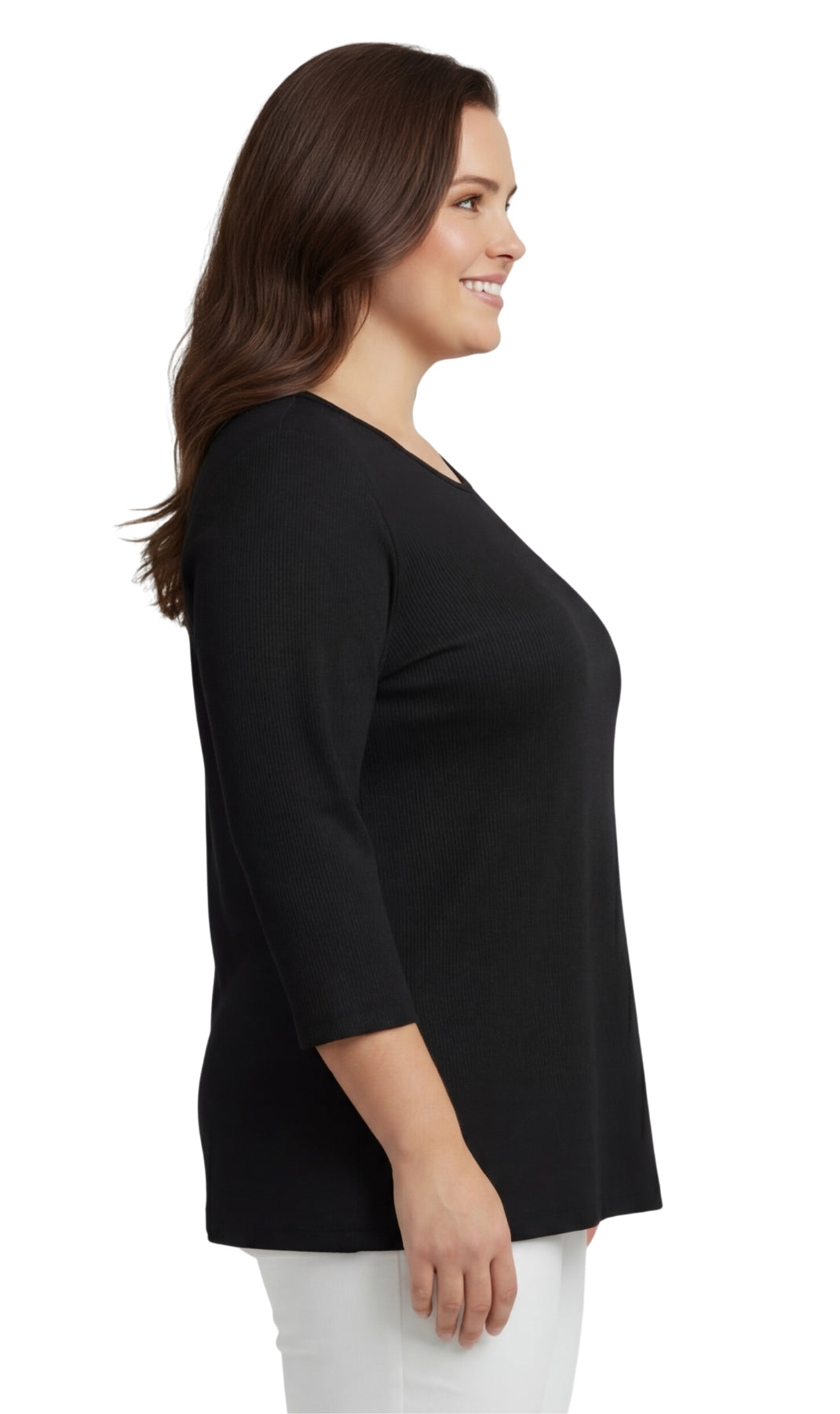 Turtle Bay New York Women's Ribbed 3/4 Sleeve Crew Neck Cotton Top black side
