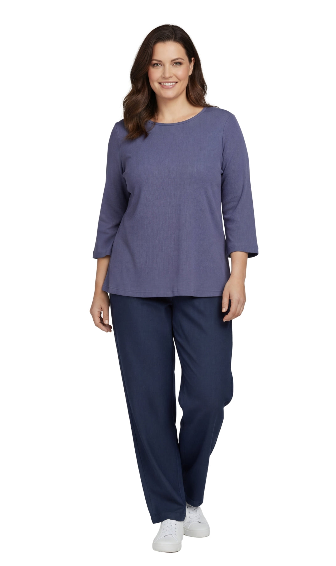 Turtle Bay New York Women's Ribbed 3/4 Sleeve Crew Neck Cotton Top navy full