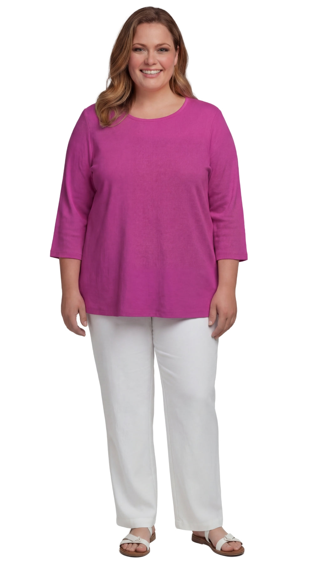 Turtle Bay New York Women's Ribbed 3/4 Sleeve Crew Neck Cotton Top plum full