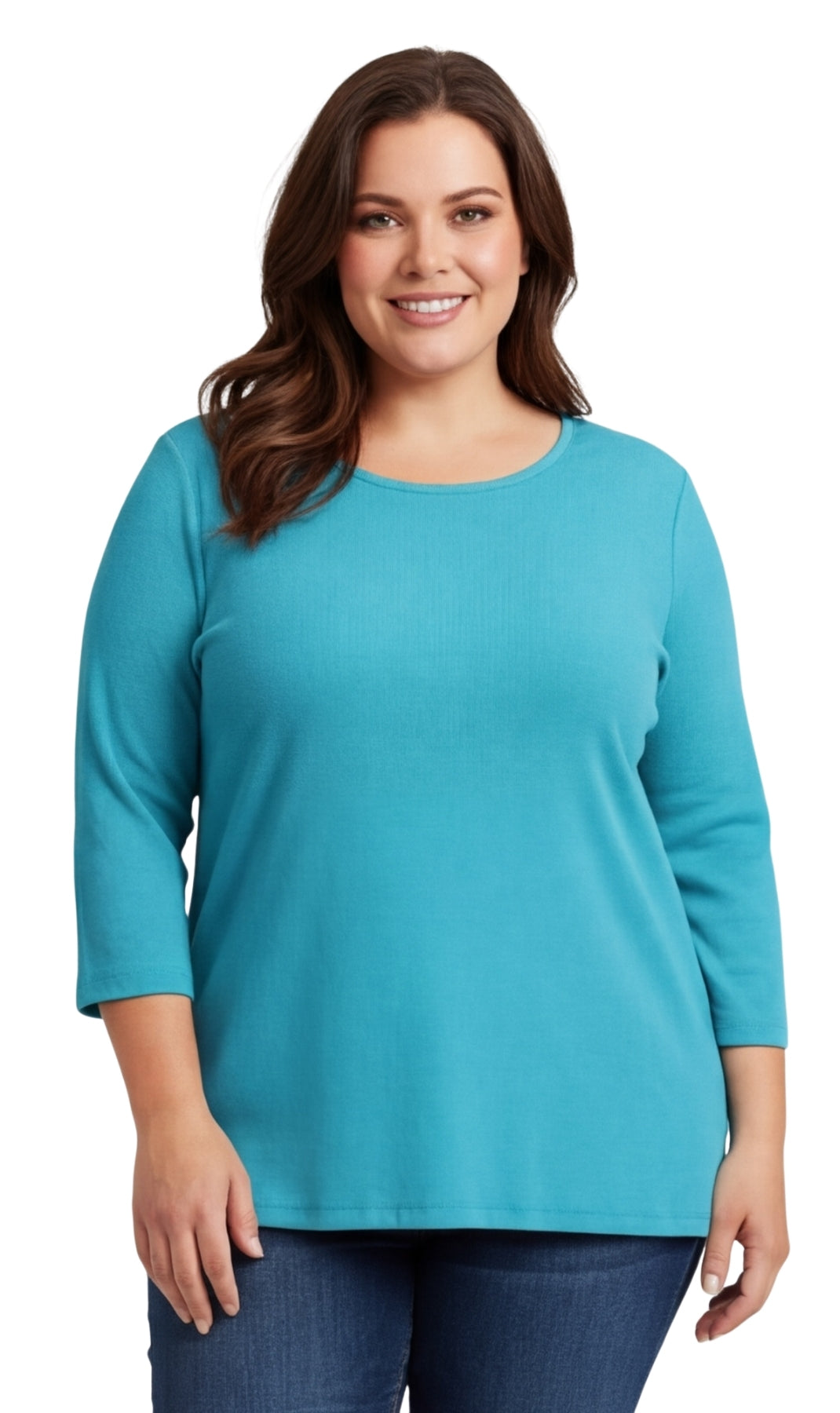 Turtle Bay New York Women's Ribbed 3/4 Sleeve Crew Neck Cotton Top teal front