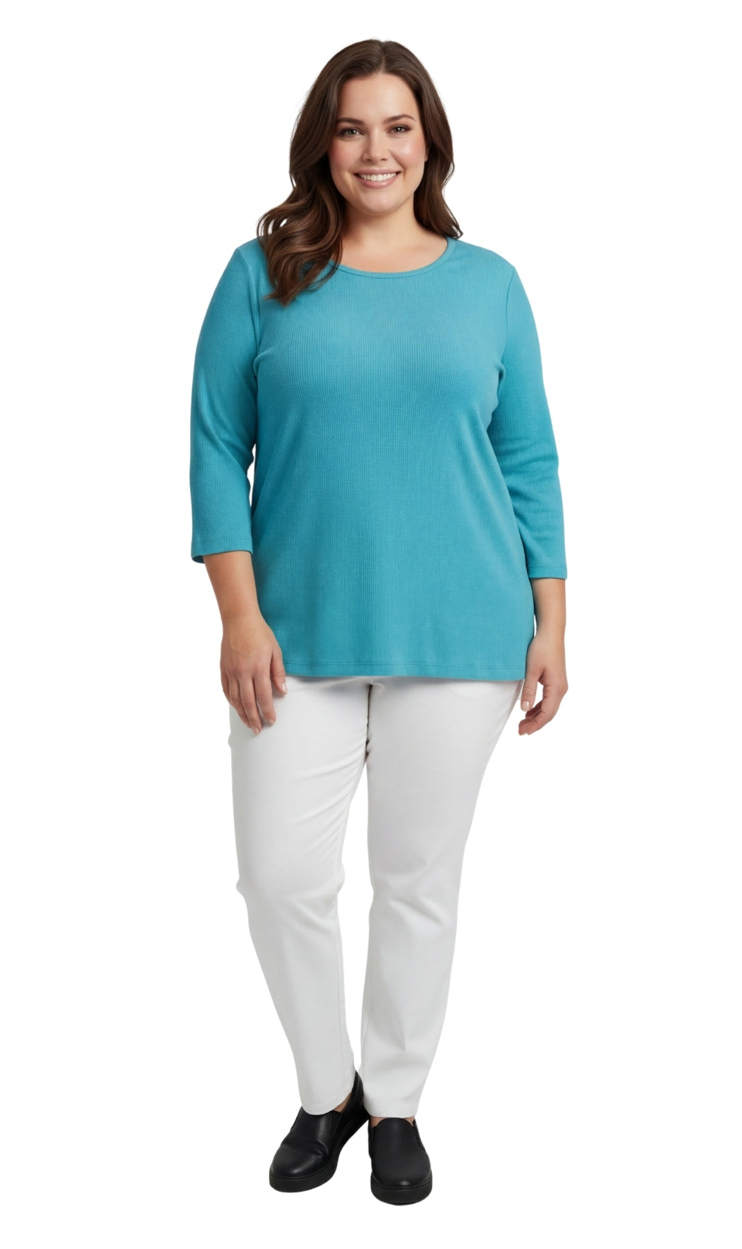 Turtle Bay New York Women's Ribbed 3/4 Sleeve Crew Neck Cotton Top teal full