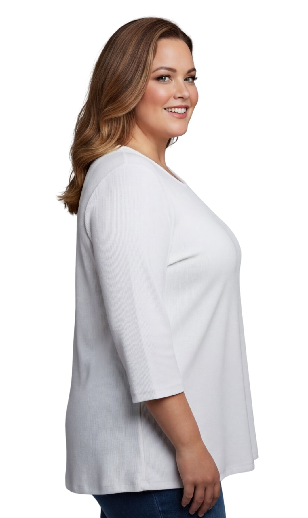 Turtle Bay New York Women's Ribbed 3/4 Sleeve Crew Neck Cotton Top white side