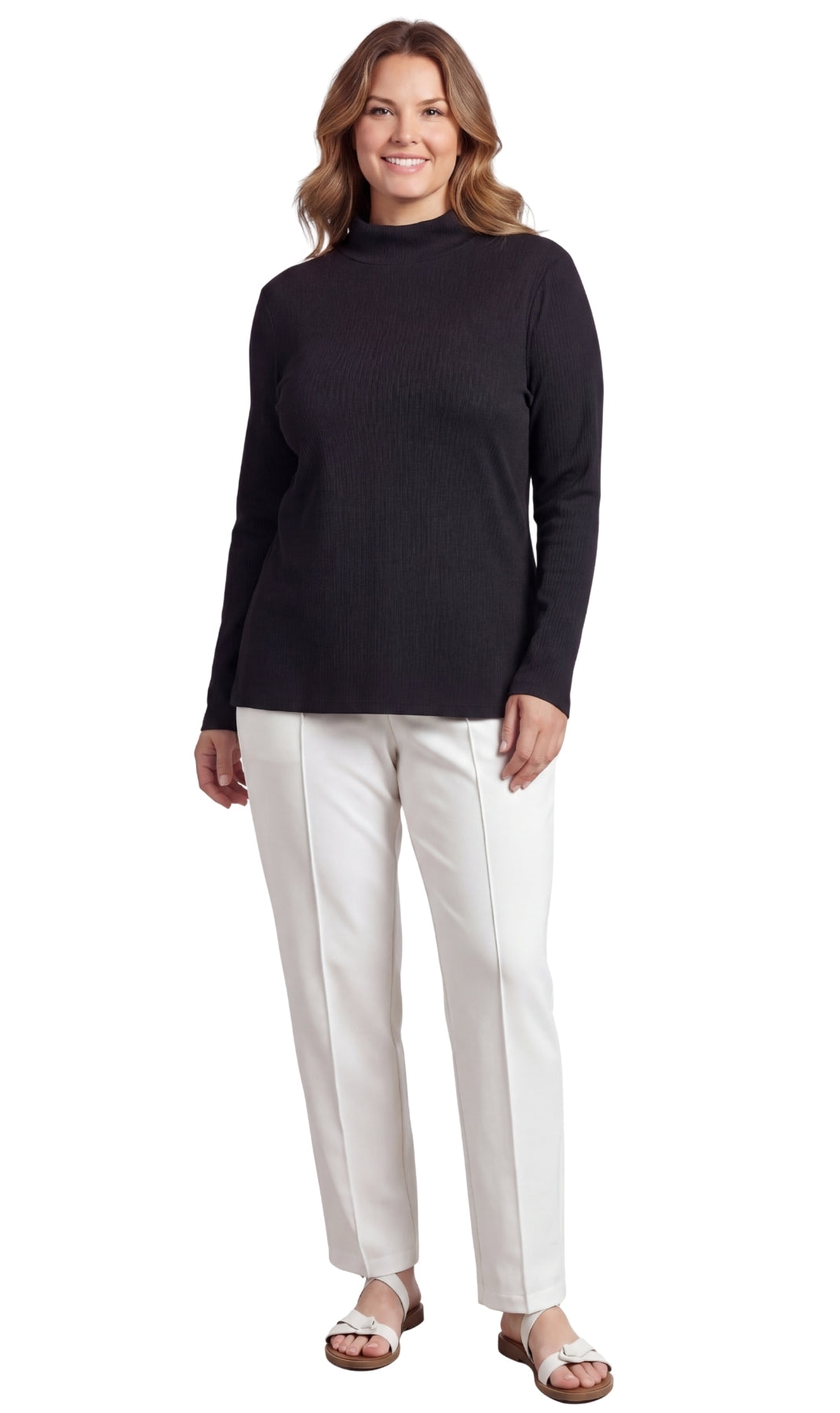 Turtle Bay New York Women's Ribbed Long Sleeves Mock Neck Top in Cotton Comfort Black Full