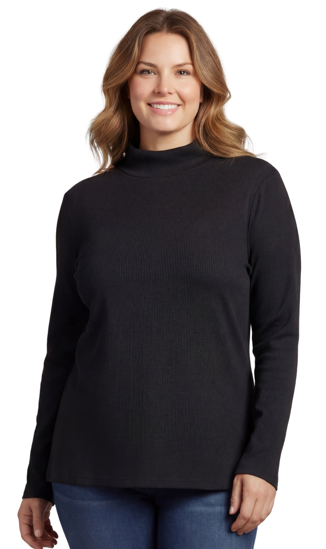 Turtle Bay New York Women's Ribbed Long Sleeves Mock Neck Top in Cotton Comfort Black Front