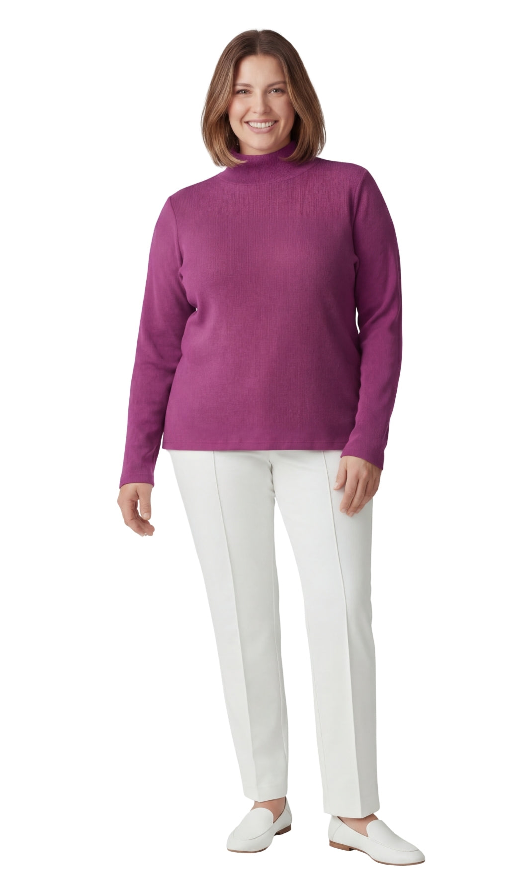 Turtle Bay New York Women's Ribbed Long Sleeves Mock Neck Top in Cotton Comfort Plum Full