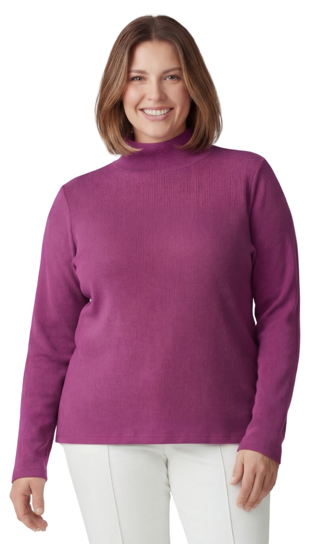Turtle Bay New York Women's Ribbed Long Sleeves Mock Neck Top in Cotton Comfort Plum Front