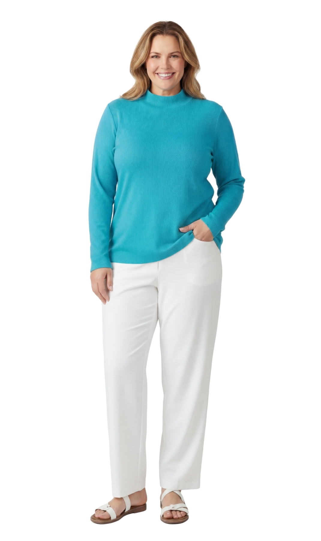 Turtle Bay New York Women's Ribbed Long Sleeves Mock Neck Top in Cotton Comfort Teal full