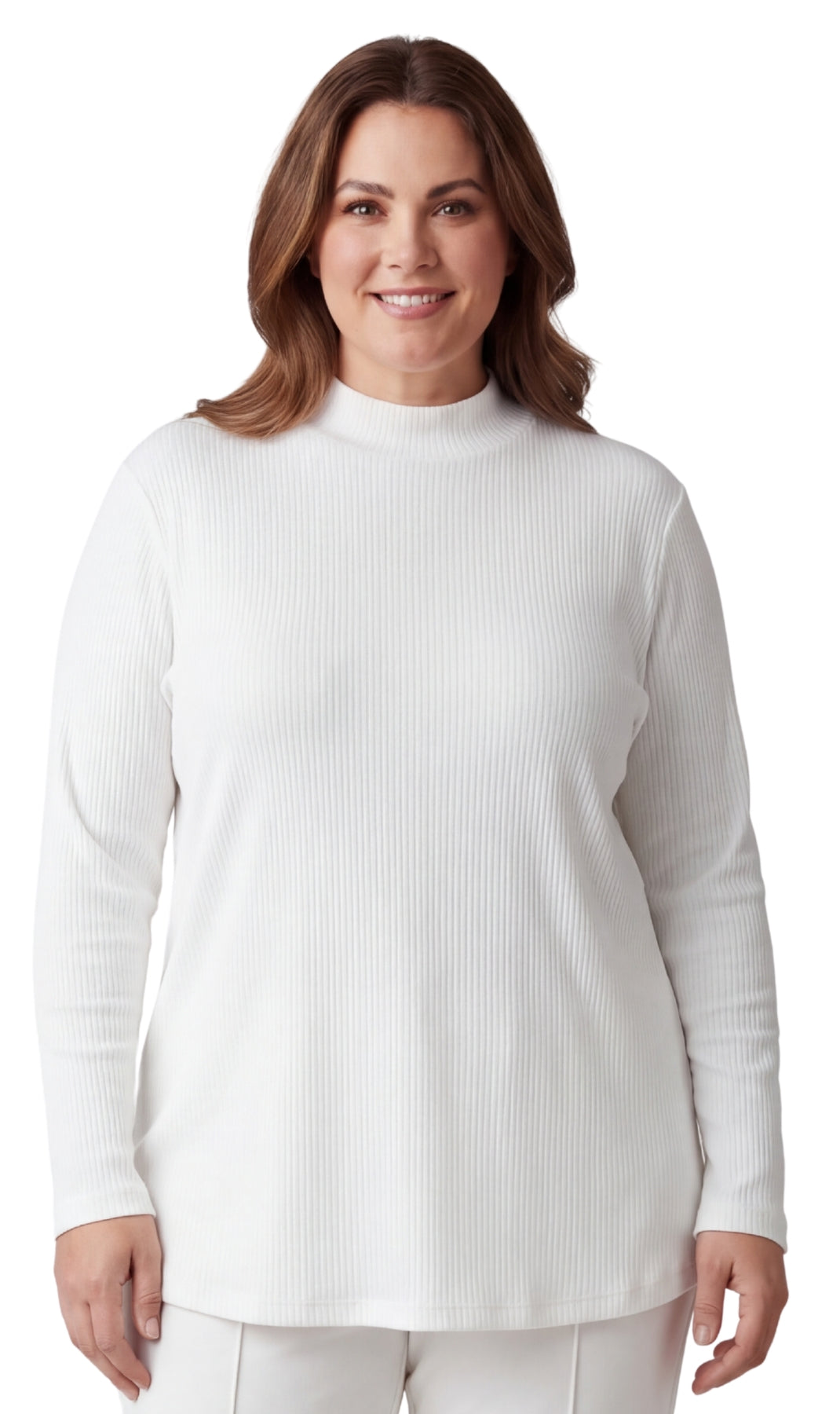 Turtle Bay New York Women's Ribbed Long Sleeves Mock Neck Top in Cotton Comfort white Front