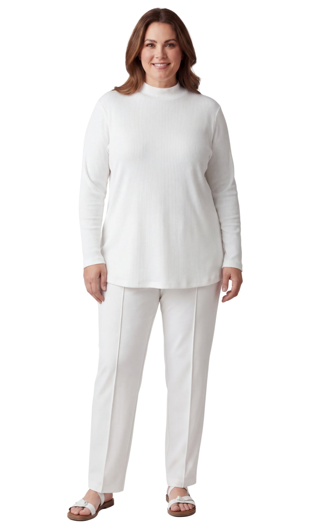 Turtle Bay New York Women's Ribbed Long Sleeves Mock Neck Top in Cotton Comfort white Full