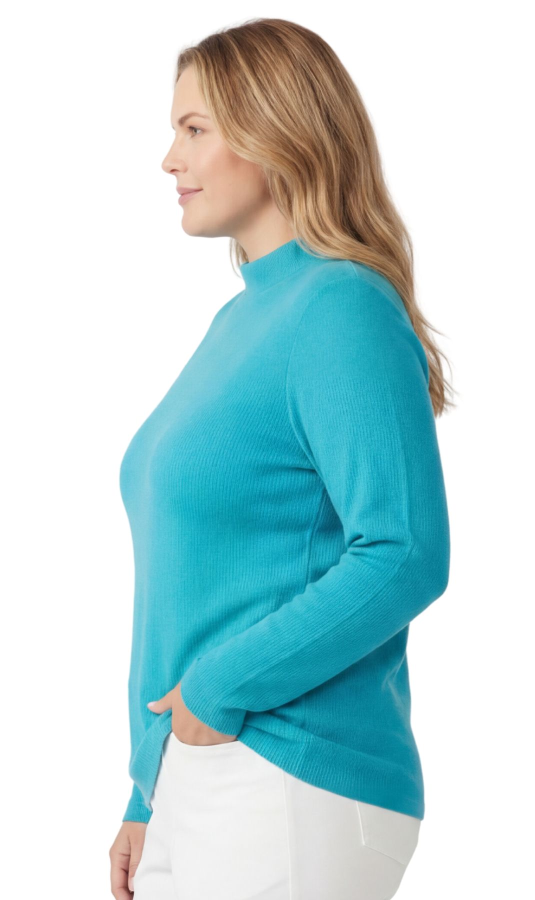 Turtle Bay New York Women's Ribbed Long Sleeves Mock Neck Top in Cotton Comfort Teal side