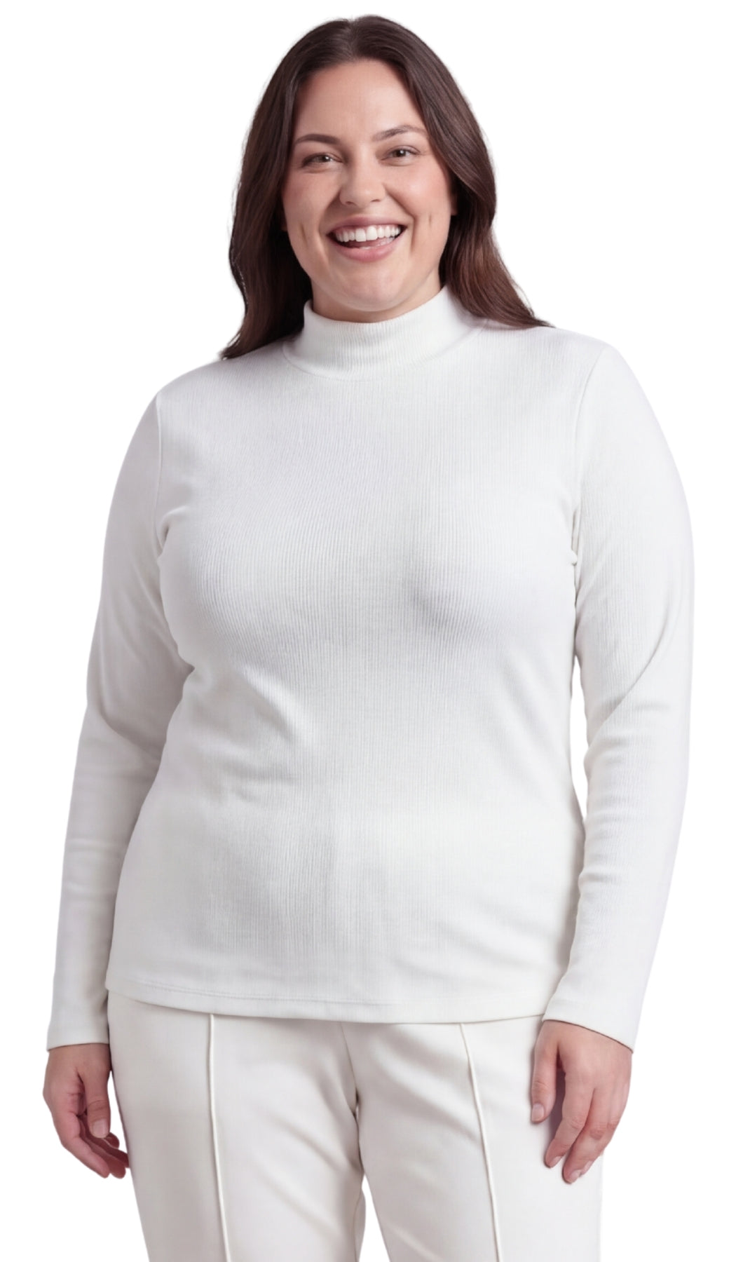 Turtle Bay New York Women's Ribbed Long Sleeves Mock Neck Top in Cotton Comfort white Front1