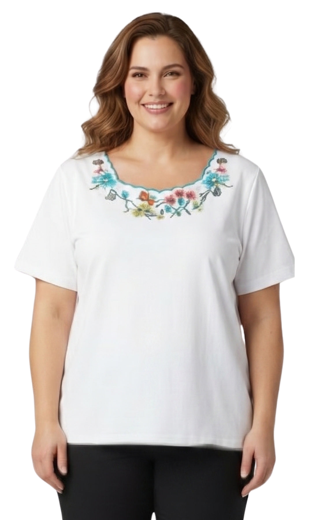 Turtle Bay New York Women's Scalloped Neckline Embellished Tee white front