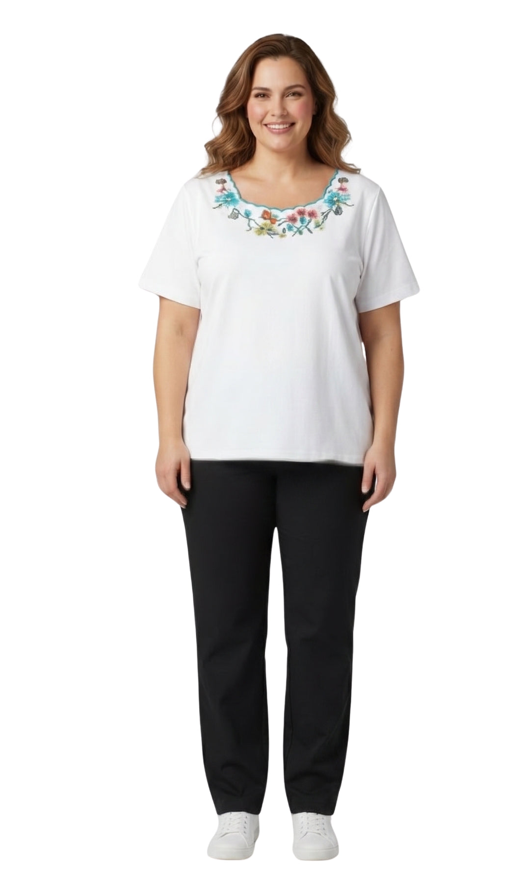 Turtle Bay New York Women's Scalloped Neckline Embellished Tee white full