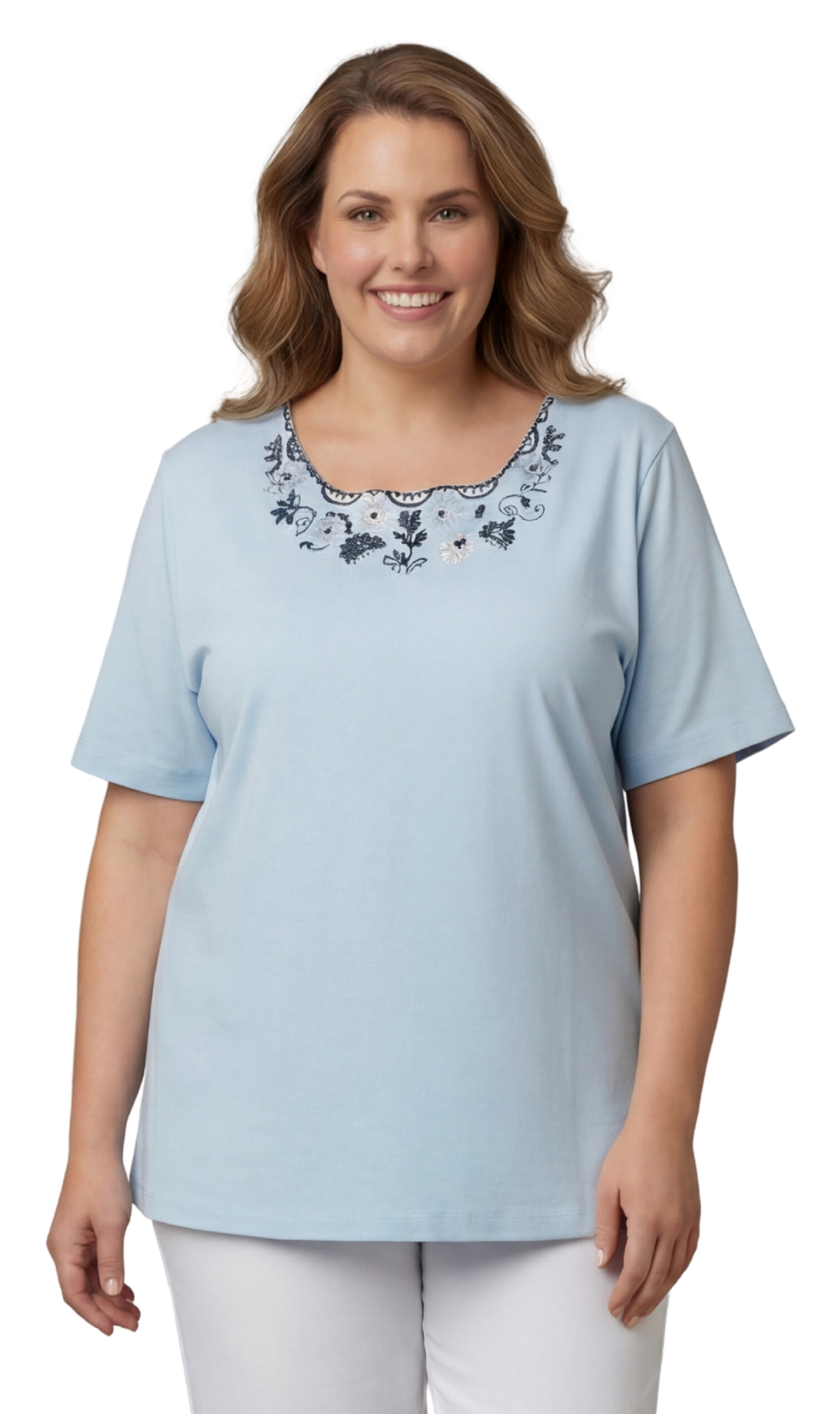 Turtle Bay New York Women's Scalloped Neckline Embellished Tee cool blue front