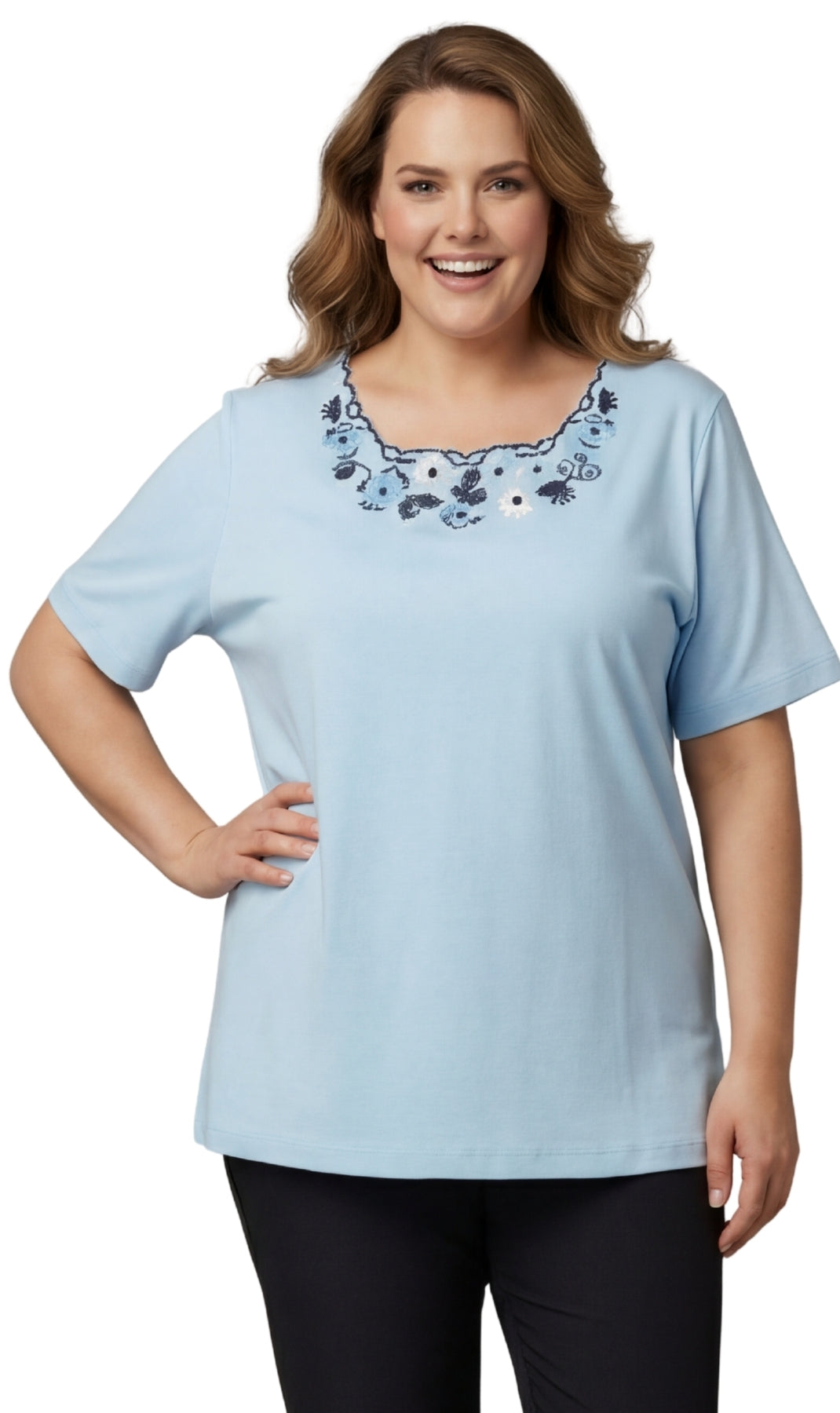 Turtle Bay New York Women's Scalloped Neckline Embellished Tee cool blue front1