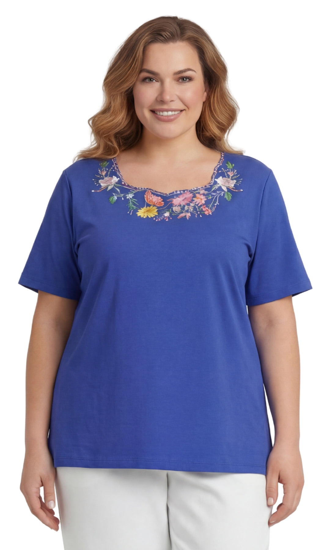 Turtle Bay New York Women's Scalloped Neckline Embellished Tee sappire front1