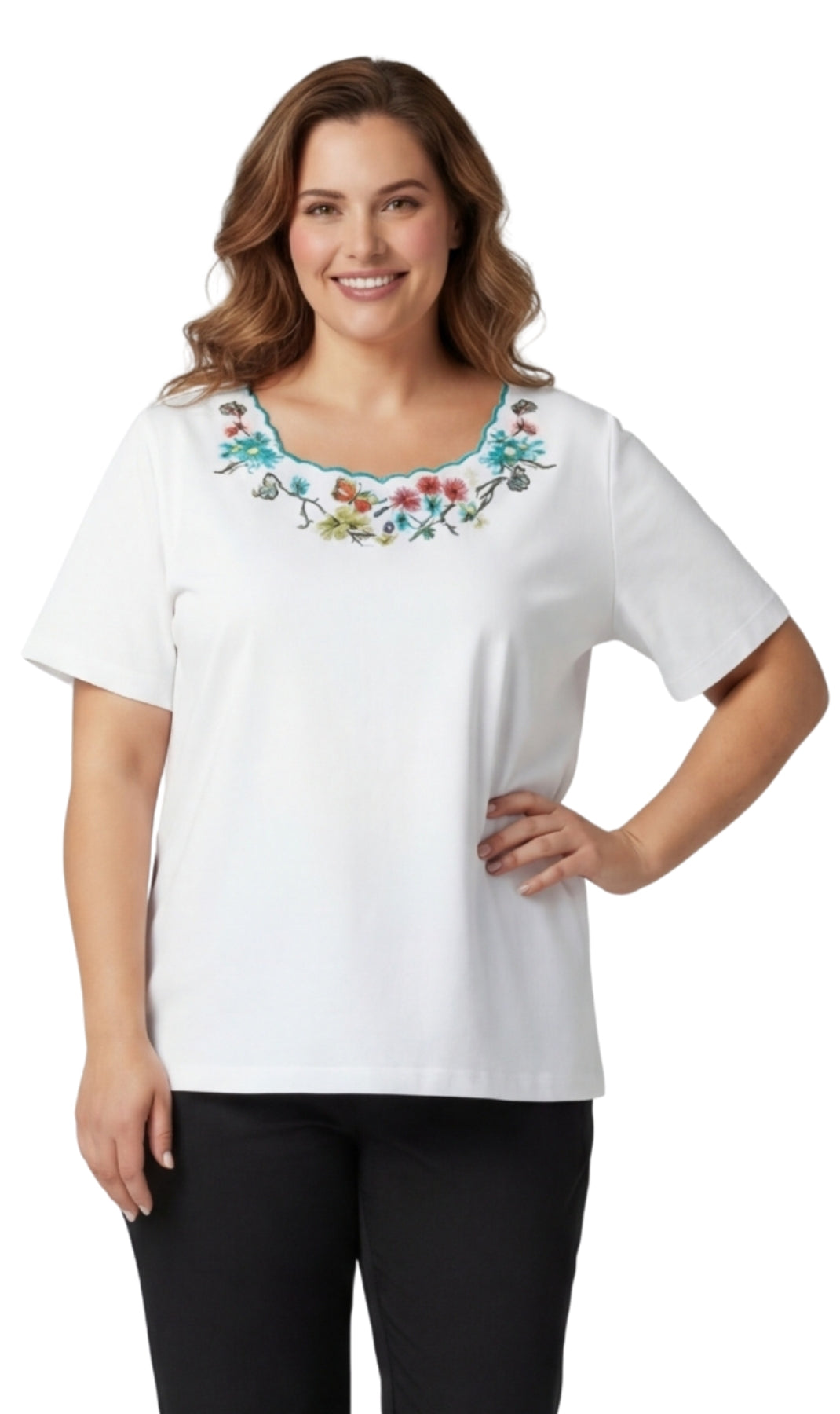Turtle Bay New York Women's Scalloped Neckline Embellished Tee white front