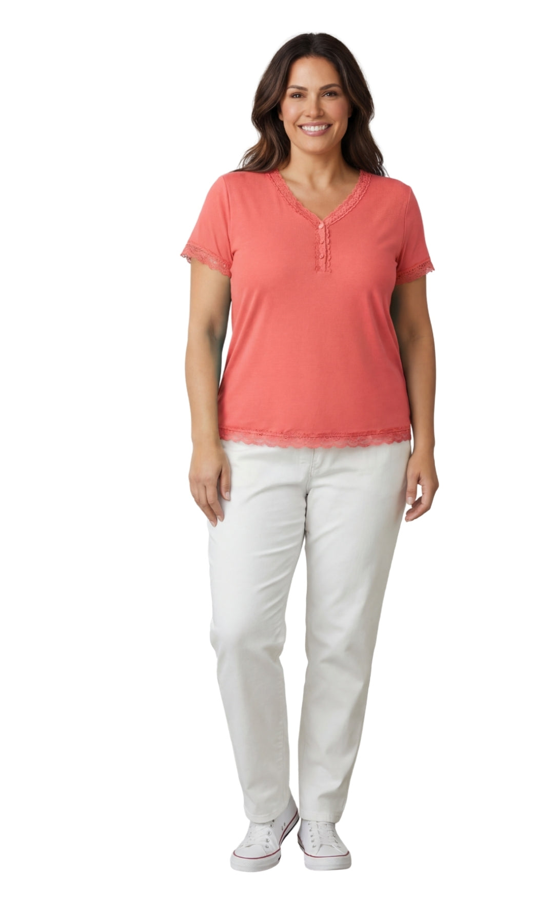 Women's V-neck Short Sleeve Tshirt with A Three Button Placket 9