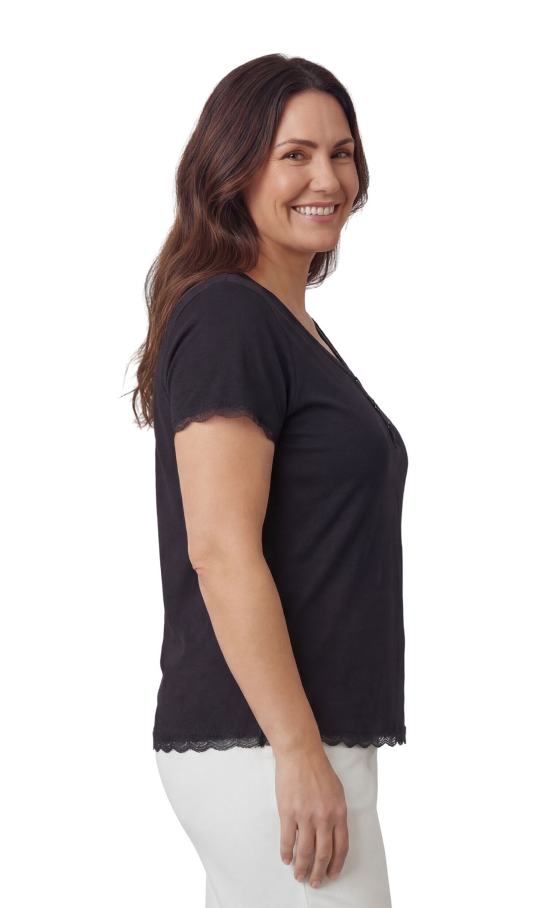 Turtle Bay New York Women's V-neck Short Sleeve Tshirt with A Three Button Placket black side