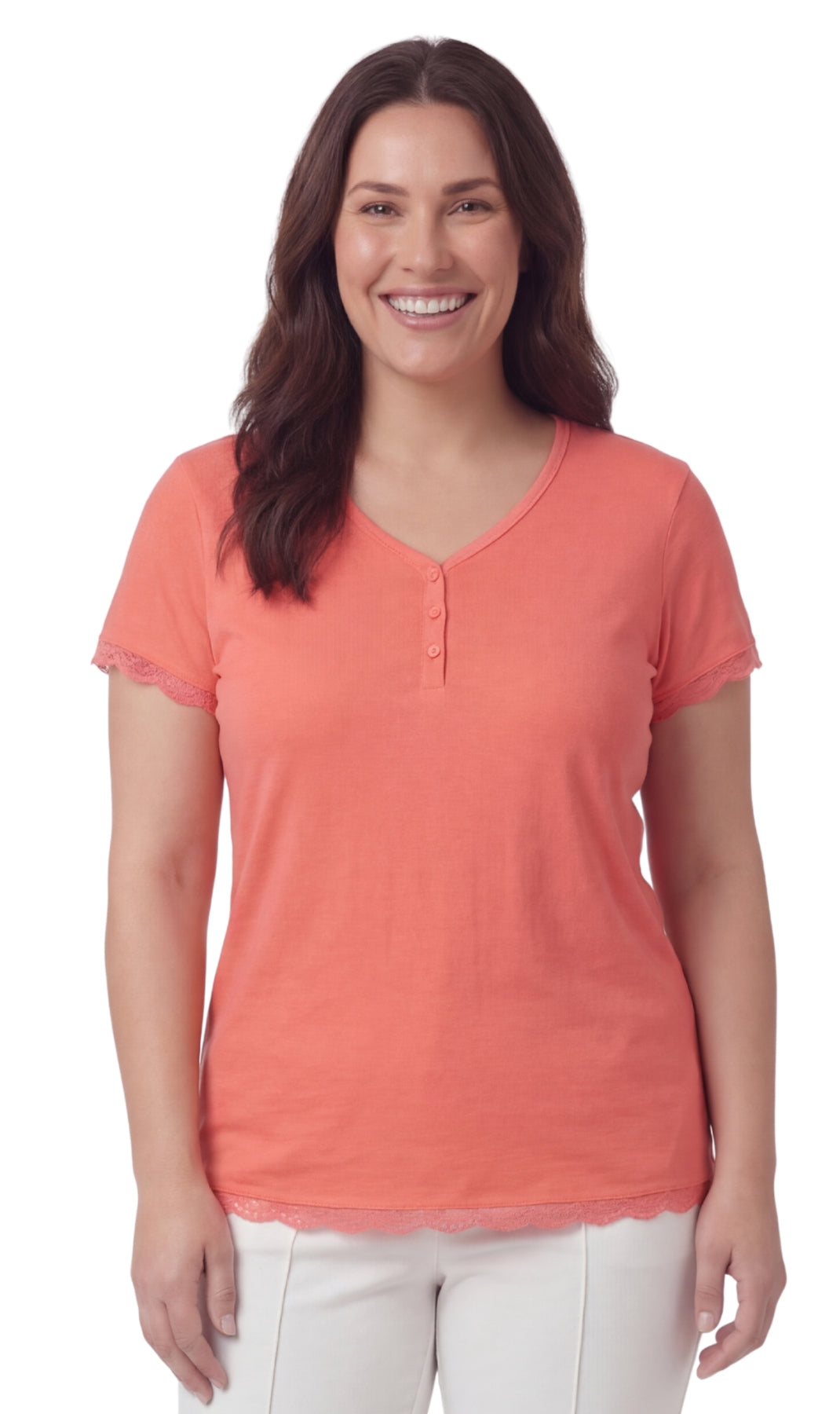 Turtle Bay New York Women's V-neck Short Sleeve Tshirt with A Three Button Placket coral red front
