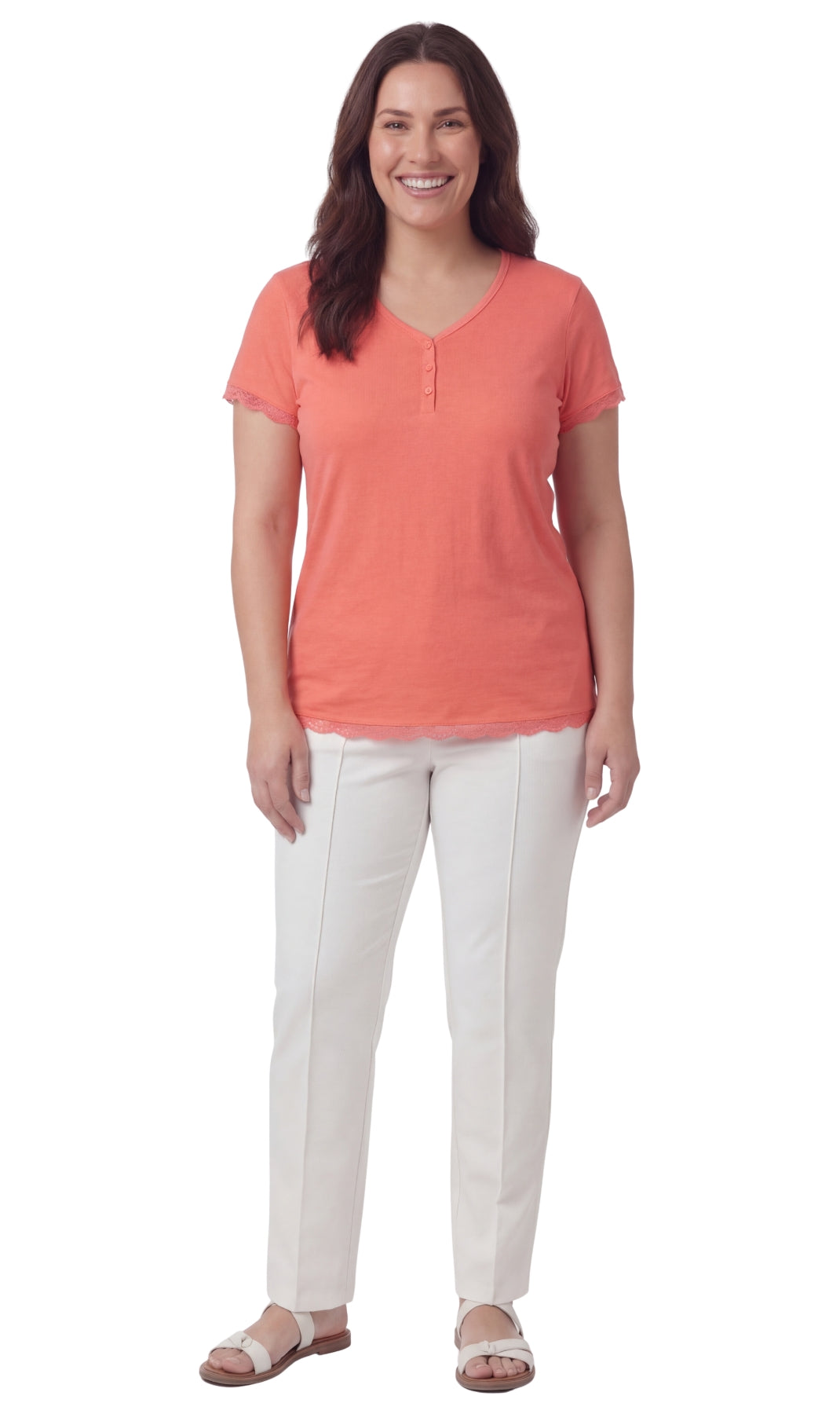 Turtle Bay New York Women's V-neck Short Sleeve Tshirt with A Three Button Placket coral red full