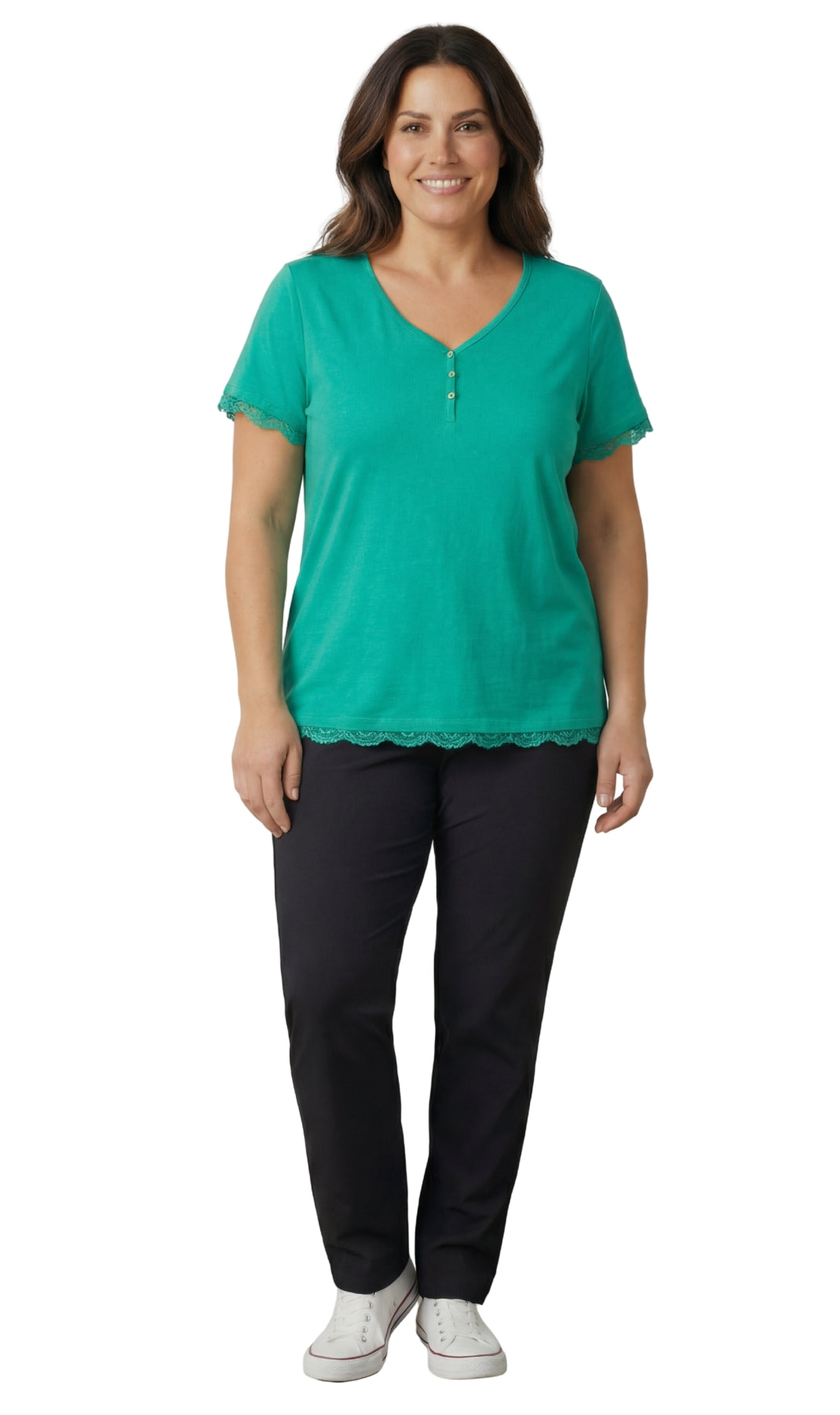 Turtle Bay New York Women's V-neck Short Sleeve Tshirt with A Three Button Placket green leaf full