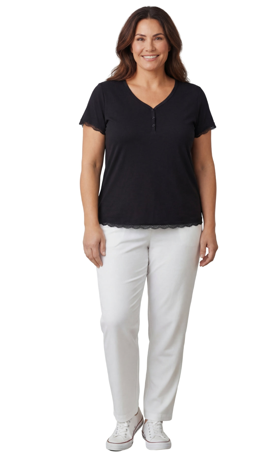 Turtle Bay New York Women's V-neck Short Sleeve Tshirt with A Three Button Placket black full