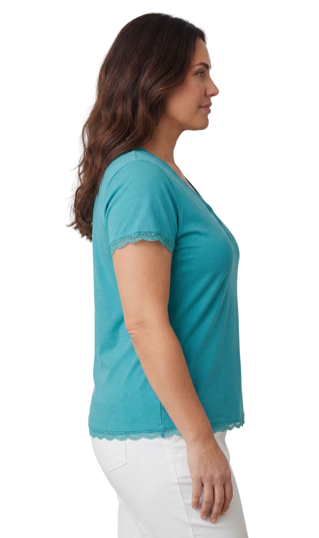 Turtle Bay New York Women's V-neck Short Sleeve Tshirt with A Three Button Placket Bright Teal side