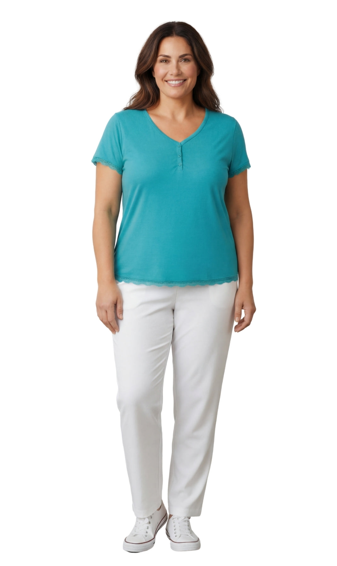 Turtle Bay New York Women's V-neck Short Sleeve Tshirt with A Three Button Placket Bright Teal full