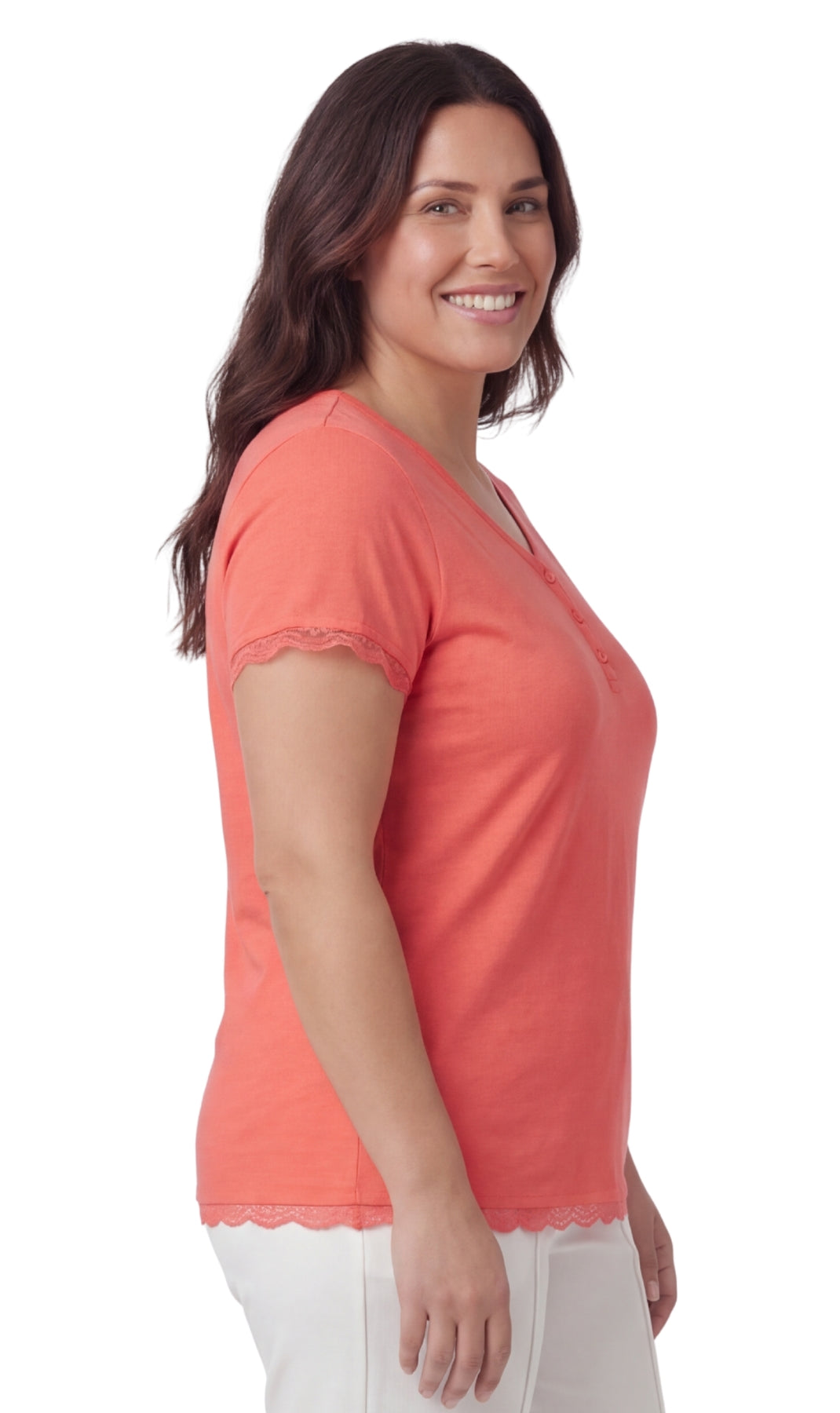 Turtle Bay New York Women's V-neck Short Sleeve Tshirt with A Three Button Placket coral red side