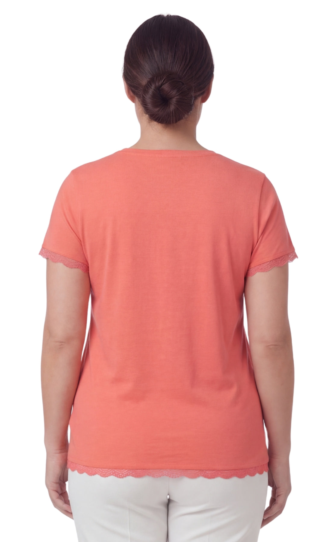 Turtle Bay New York Women's V-neck Short Sleeve Tshirt with A Three Button Placket coral red back