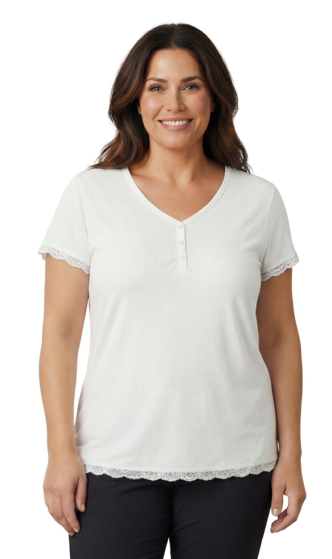 Turtle Bay New York Women's V-neck Short Sleeve Tshirt with A Three Button Placket white front