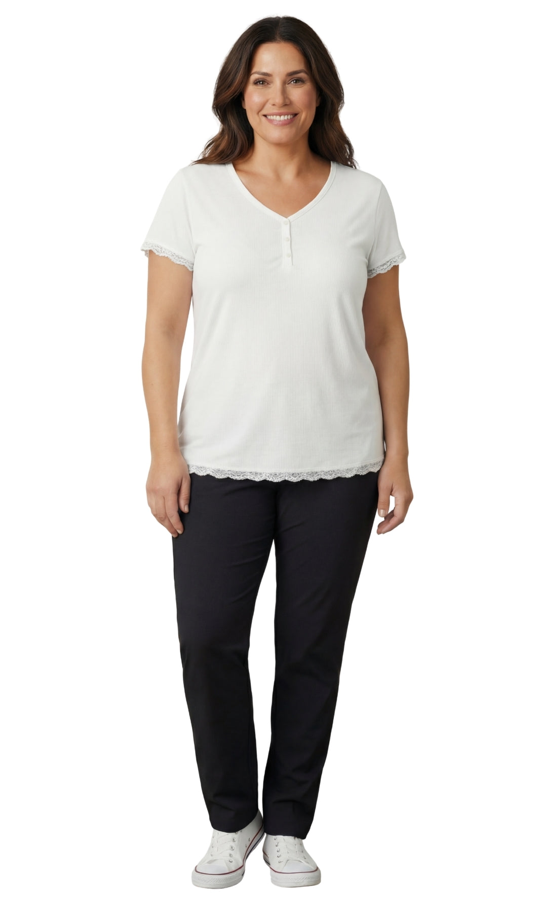 Turtle Bay New York Women's V-neck Short Sleeve Tshirt with A Three Button Placket white full