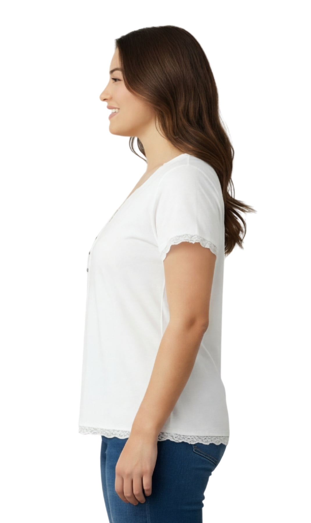 Turtle Bay New York Women's V-neck Short Sleeve Tshirt with A Three Button Placket white side