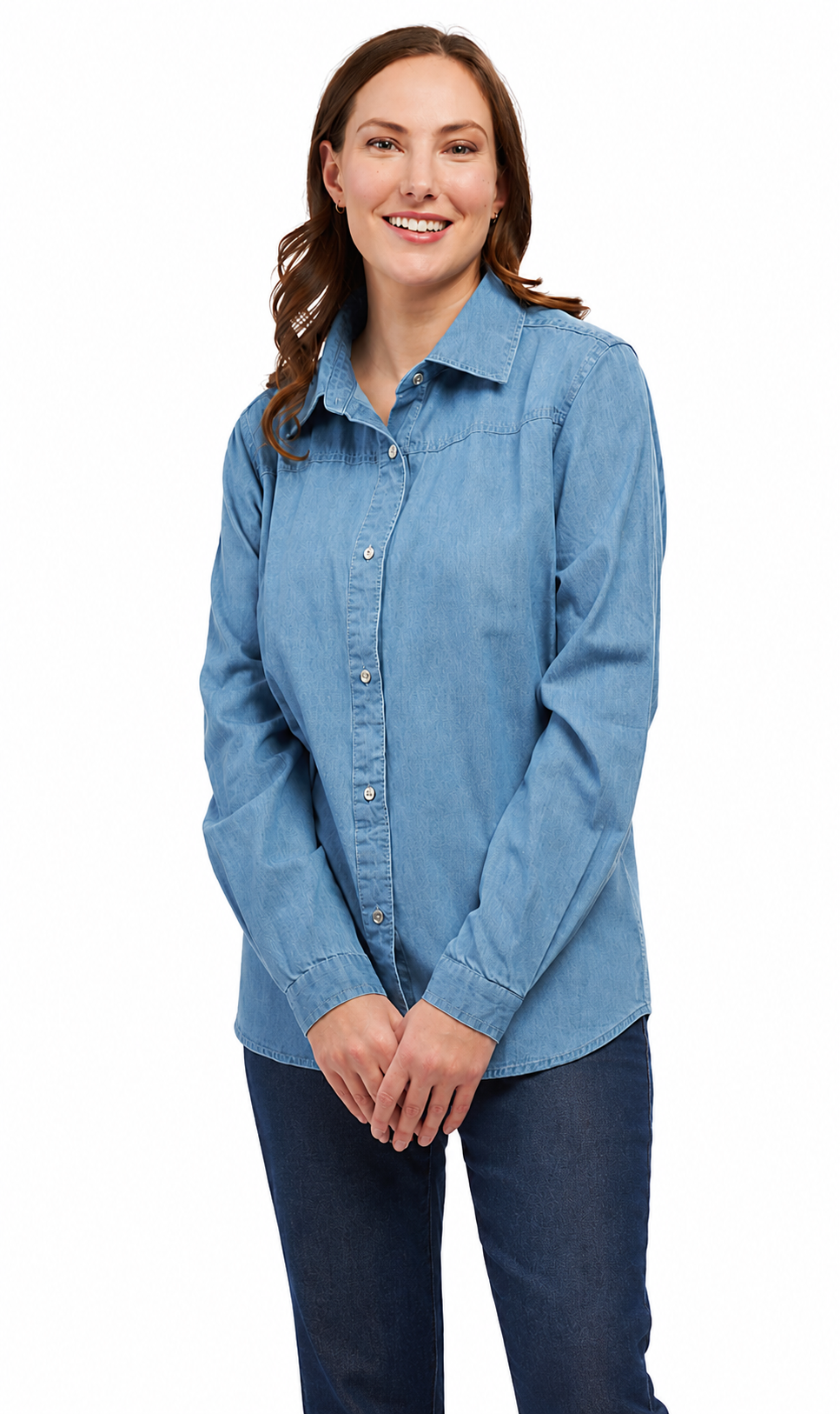 Women's Long Sleeve Denim Tunic Top — Button Front All Season Wear 8