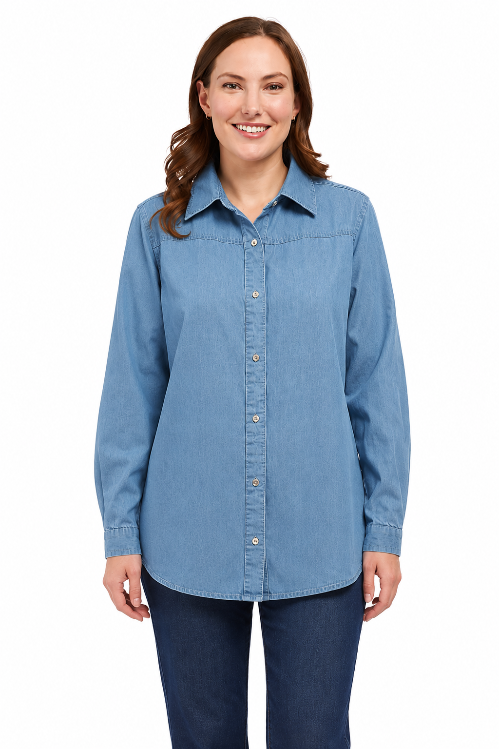 Women's Long Sleeve Denim Tunic Top — Button Front All Season Wear 7