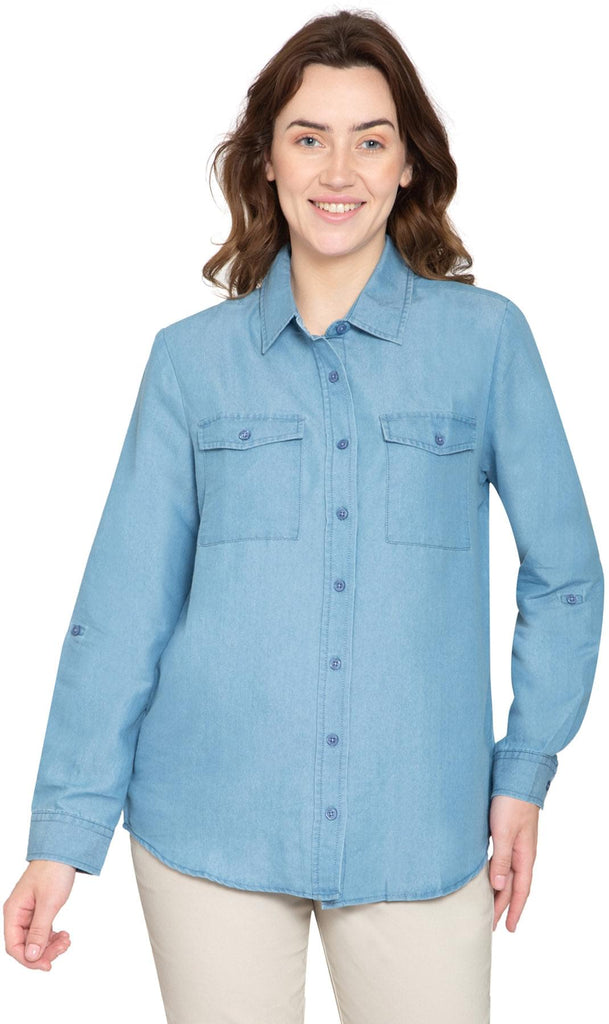 Women's Classic Denim Shirt - Crisp and Tailored for the Urban Cowgirl - LIGHT WASH - Front - TURTLE BAY APPAREL