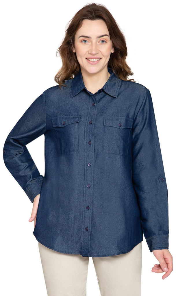 Women's Classic Denim Shirt - Crisp and Tailored for the Urban Cowgirl - DARK WASH - Front - TURTLE BAY APPAREL